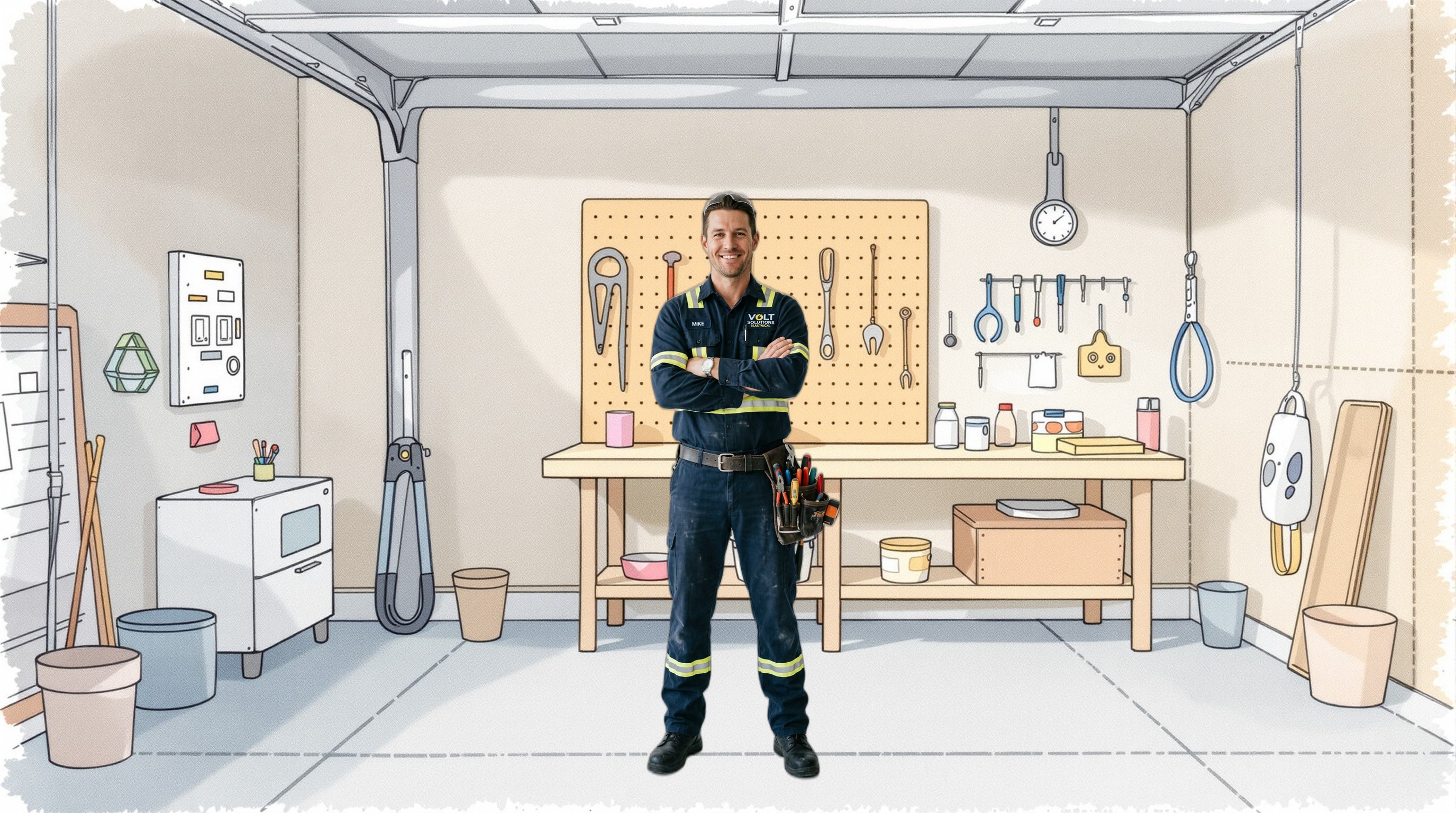 Electrician character in illustrated watercolor setting